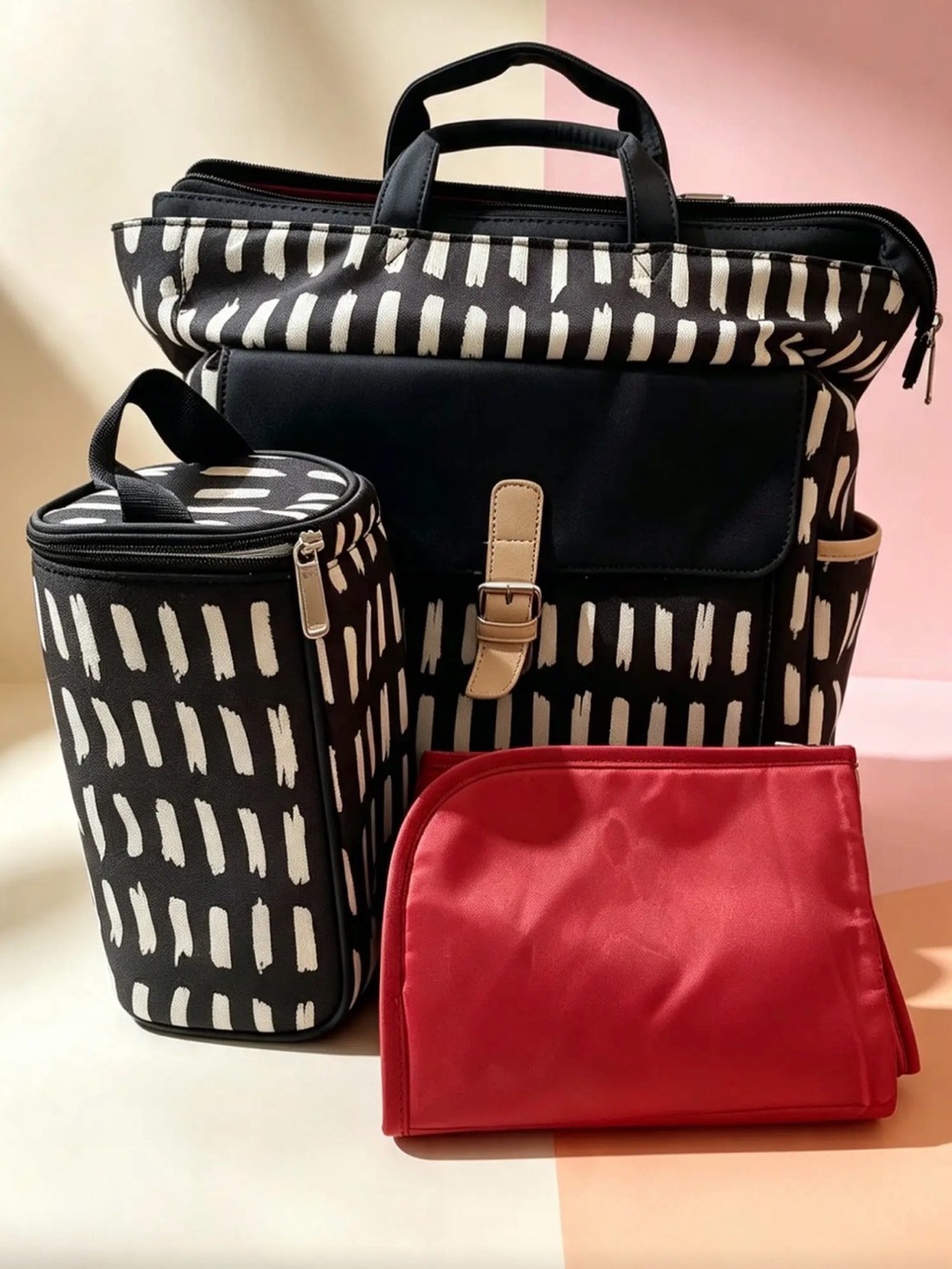 ✨ Backpack Diaper Bag Set – Black & White Brushstroke Print (3-Piece)